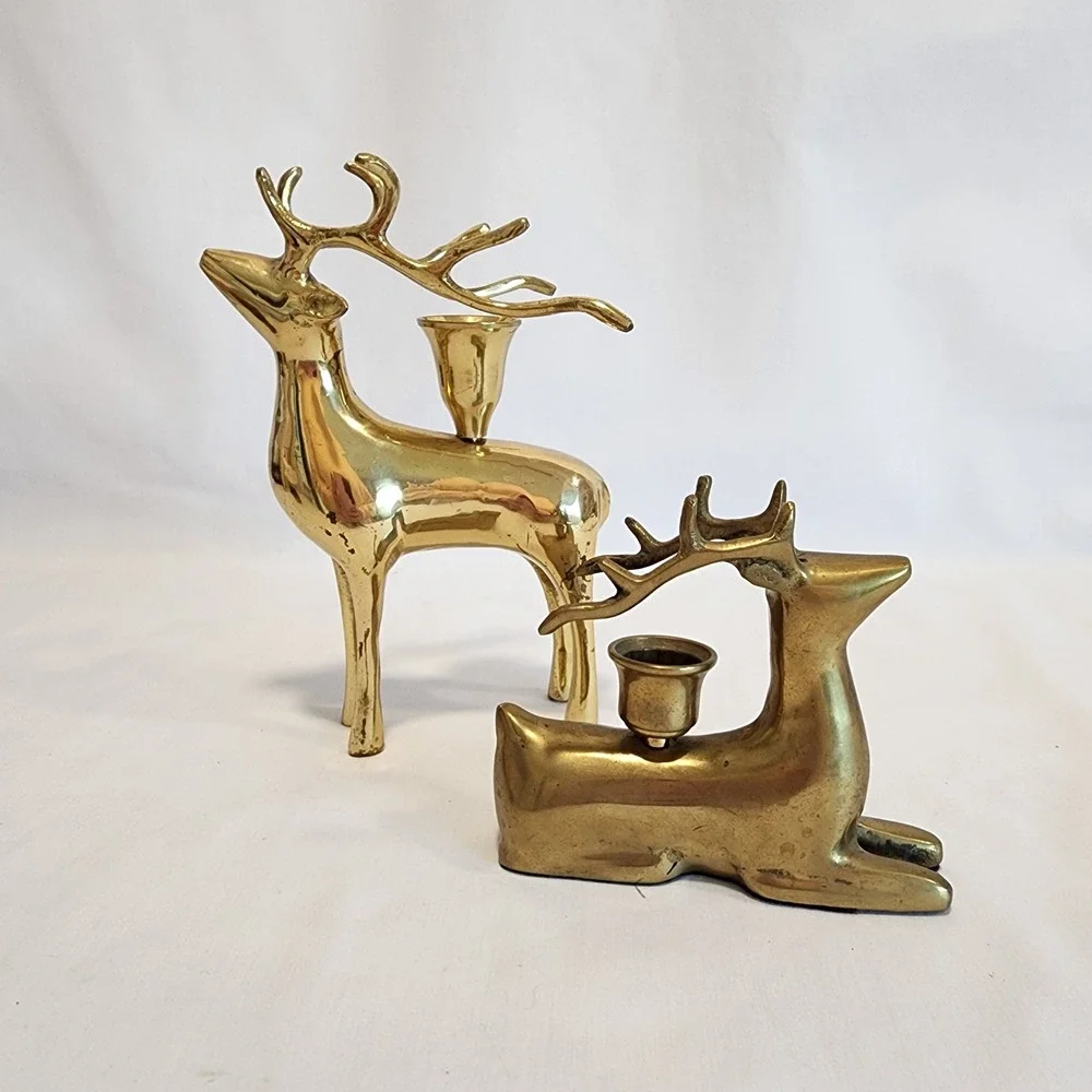 Vintage Solid Brass Reindeer Candle Holder‎ Set Standing and Resting Deer MCM